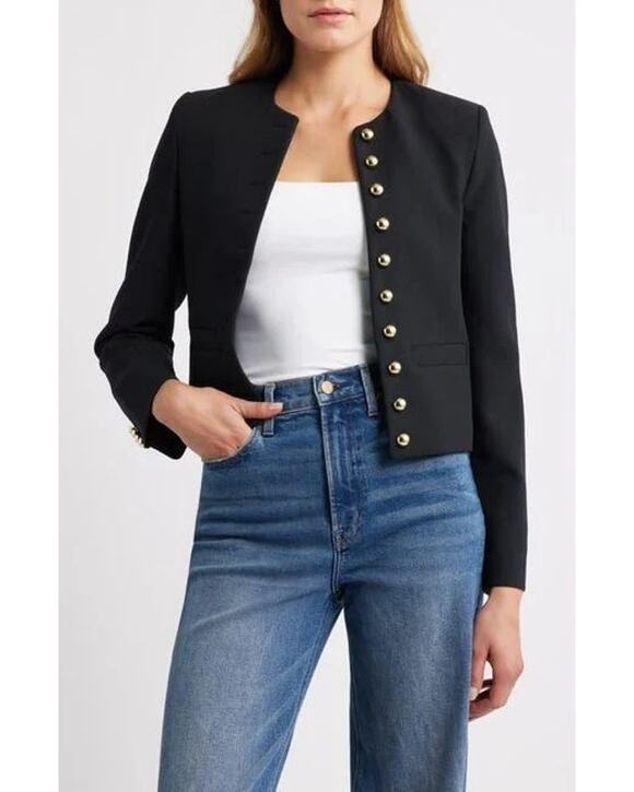 Mango Jackets & Blazers - Mango MNG Grace Long Sleeve Collarless Crop Blazer Jacket Black Small